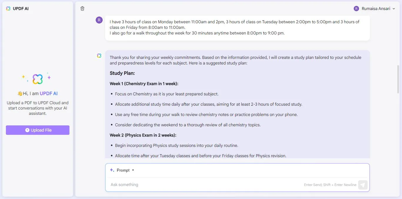 specify weekly schedule with UPDF's AI Assistant