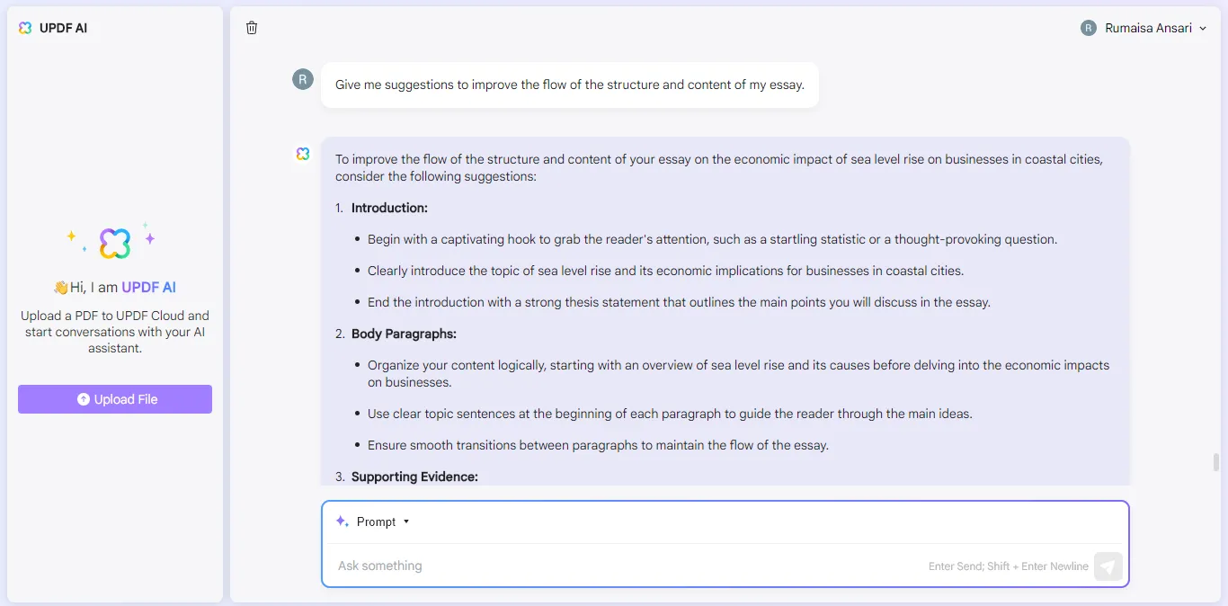 suggestion to improve essay's flow with UPDF's AI Assistant Online