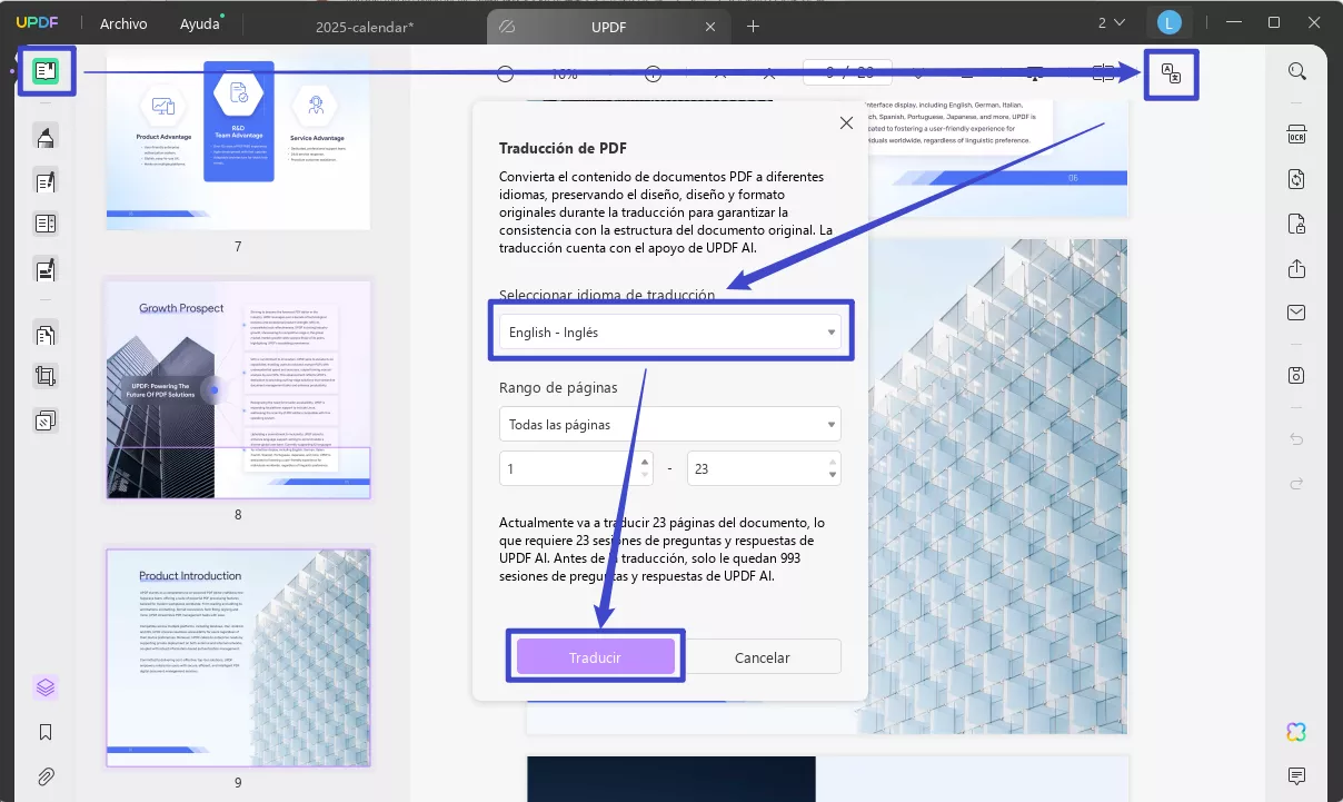 Traduce todo el PDF al inglés con UPDF en Windows